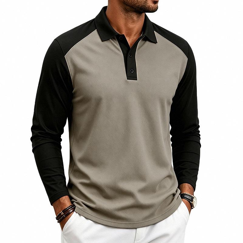 Herren American Style Lockerer Farbblock Casual Umlegekragen Langarm Golf Poloshirt
