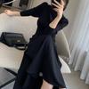 Women's Fashion Black Round Neck Long Sleeve Sexy Temperament Waist Slim Long Swing Skirt Dress