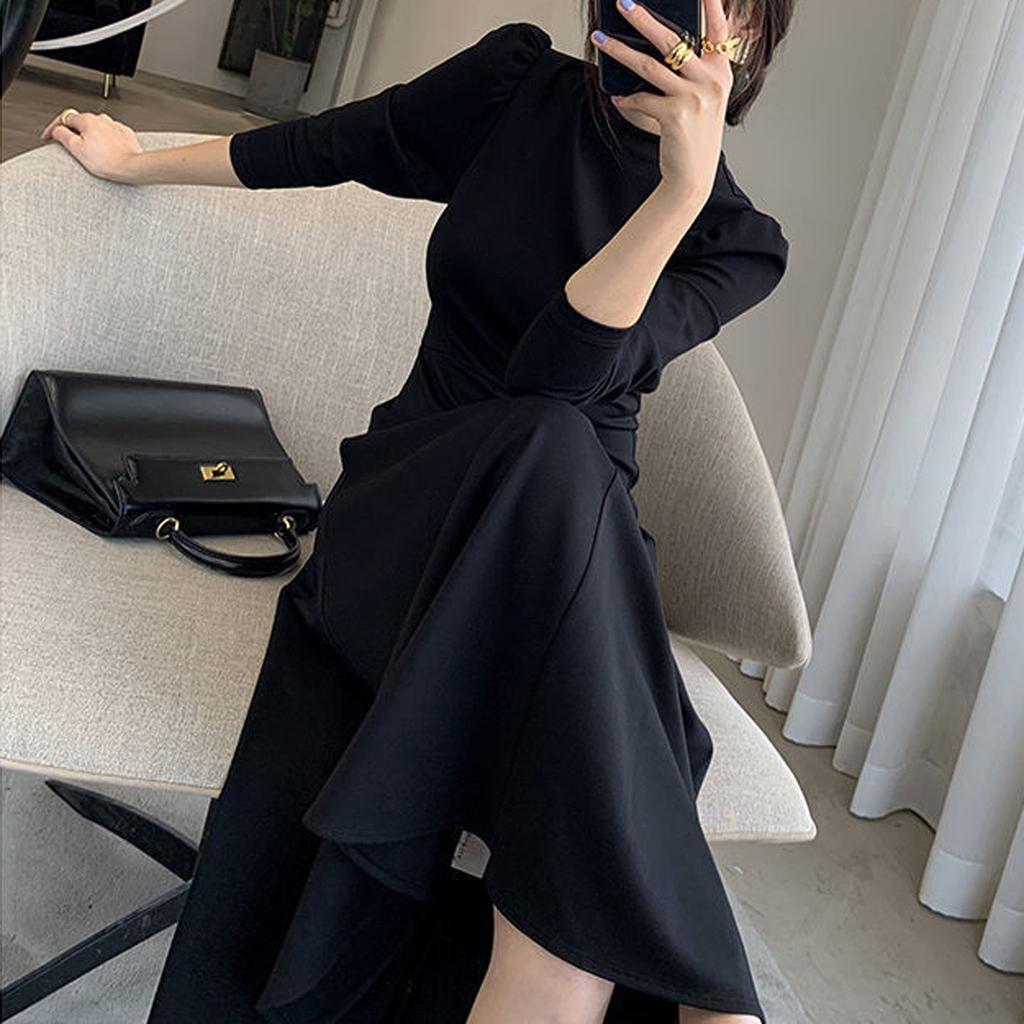 Women's Fashion Black Round Neck Long Sleeve Sexy Temperament Waist Slim Long Swing Skirt Dress