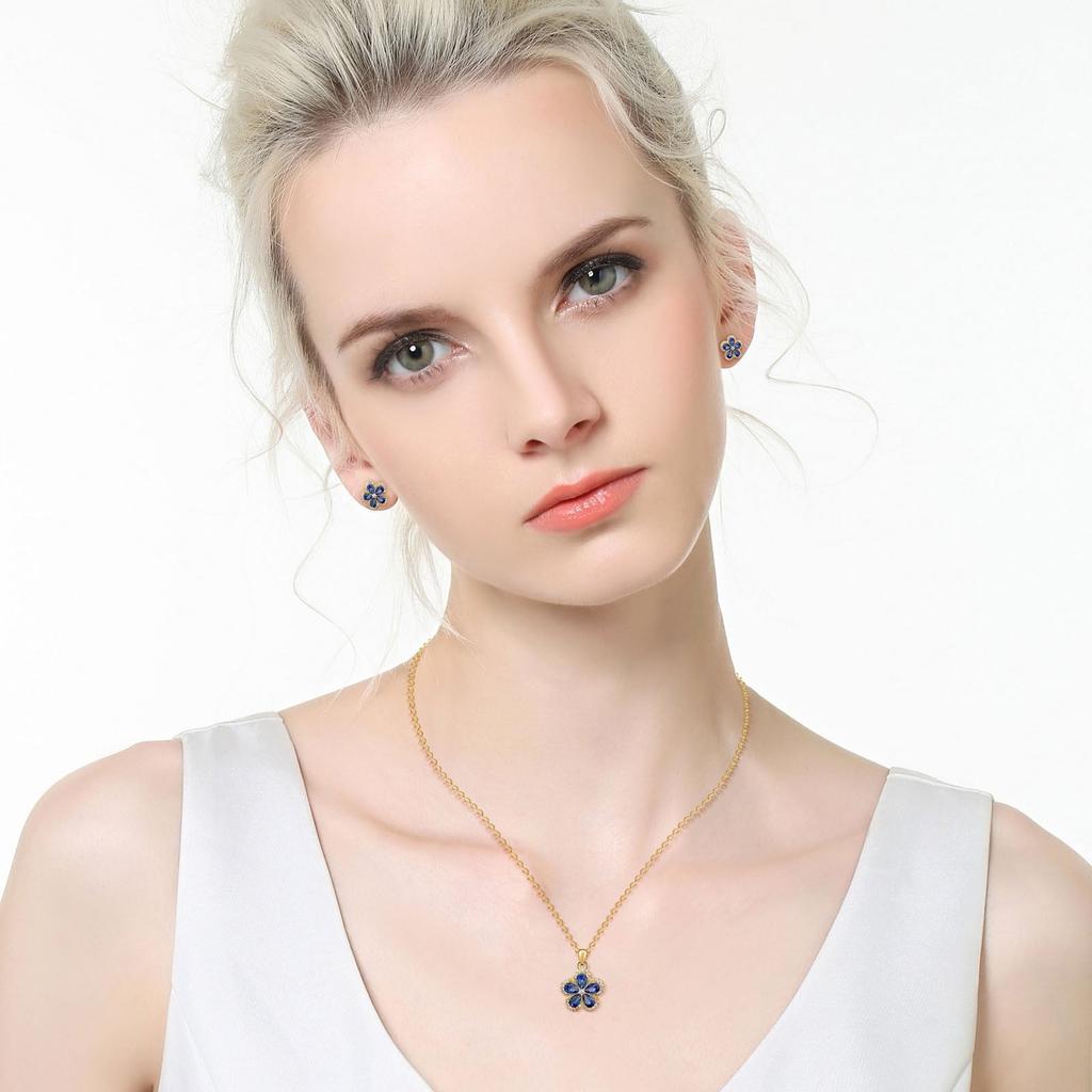 Women Rhinestone Flower Pendant Necklace and Earrings Set for Women Crystal Floral Jewelry Wedding Party Gift Blue