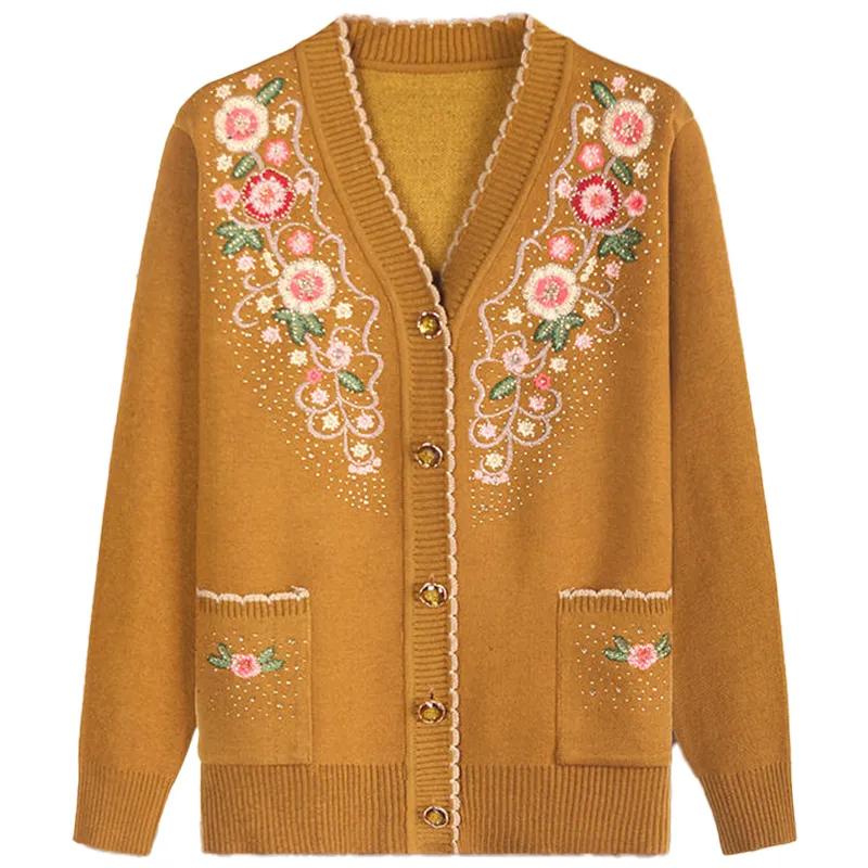 Damen Frühling Herbst Lässig V-Ausschnitt Langarm Jacke Damen Strickpullover Mittelalterlich und Älter Elegant Strickjacke Jacke