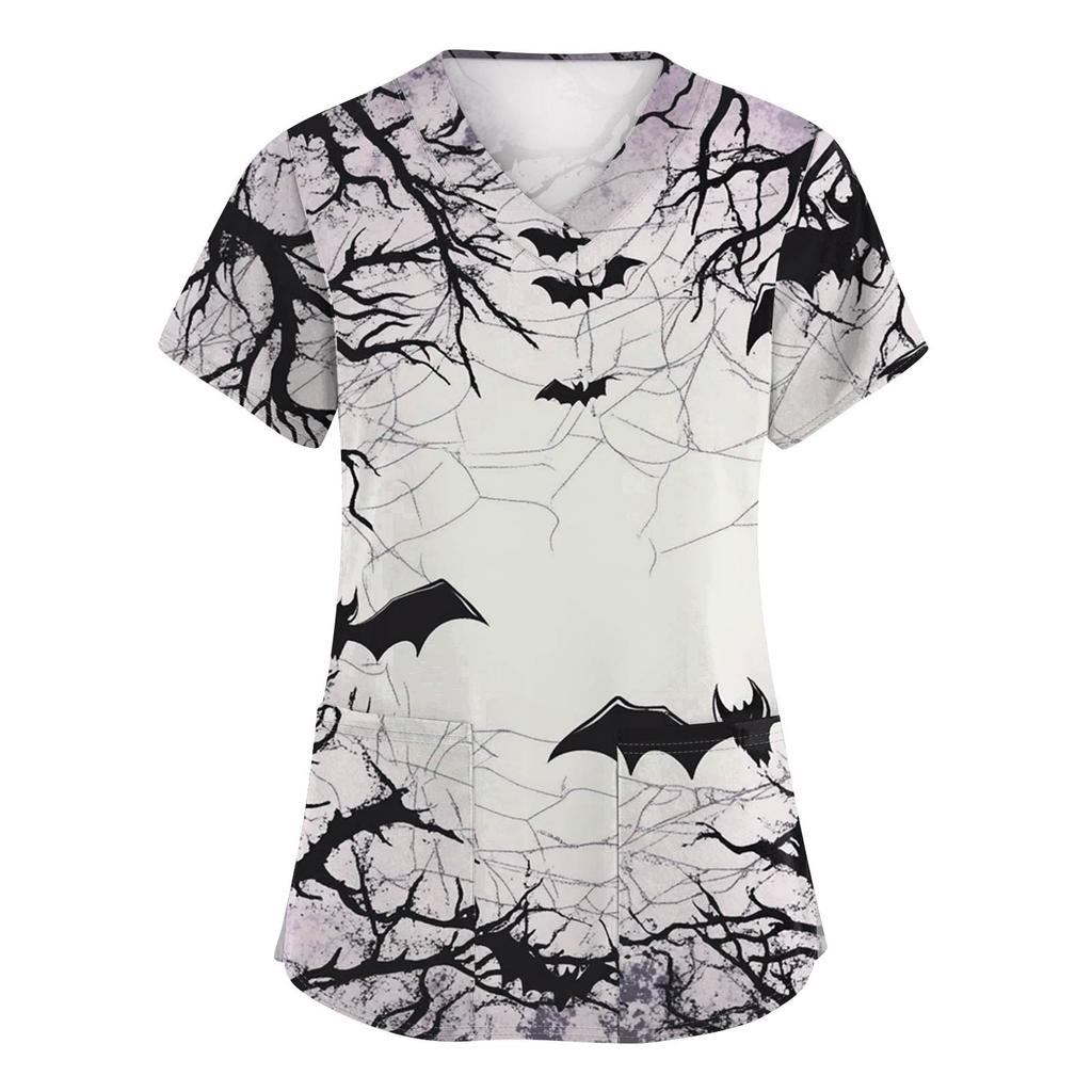 Women's Fashion V-neck Short-sleeved Work Uniform With Pockets, Halloween Print Top