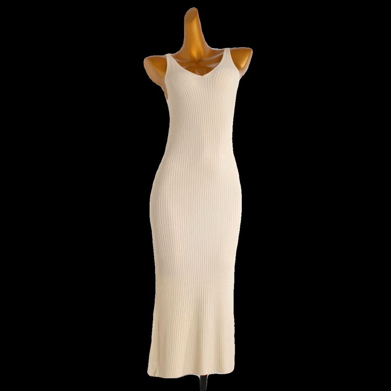 Fashion Style Pure Color Sexy Pairs V Neck Vest Knitting Long Skirt Women's Summer Silm Slim Looking Base Slit Dress