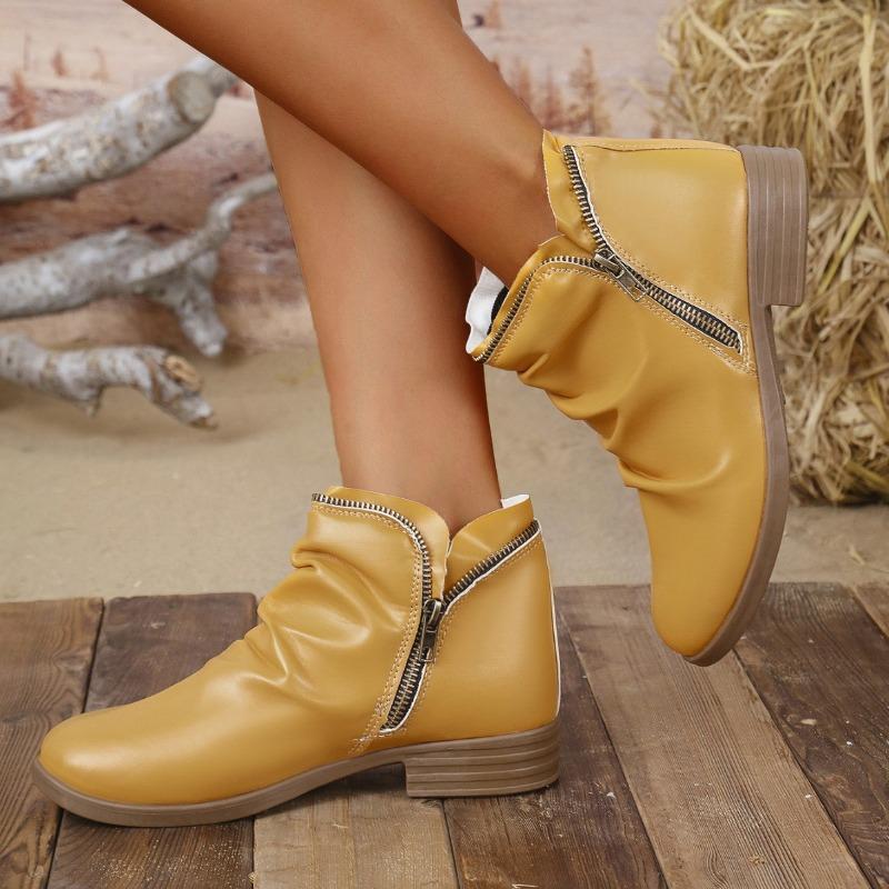 Women's High Quality Round Toe PU Leather V-Cut Zipper Martin Boots