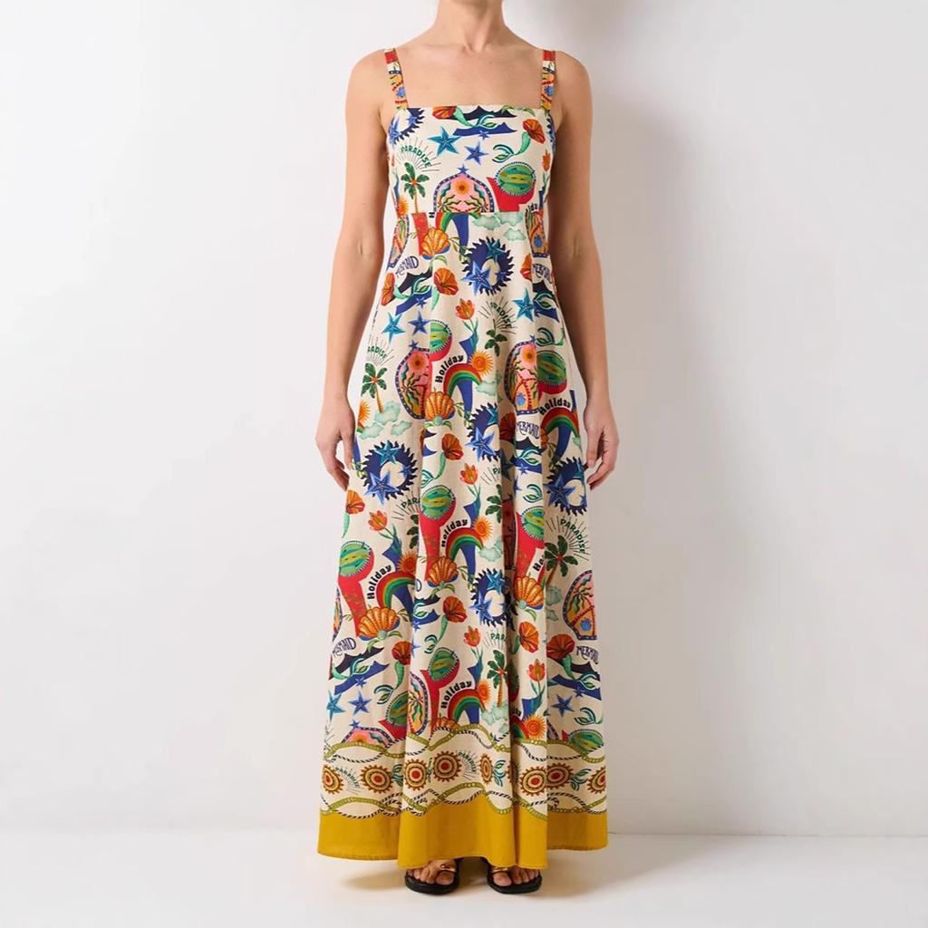 New Sexy Women's Suspender Positioning Printed Sleeveless Strappy Dress With Large Hem