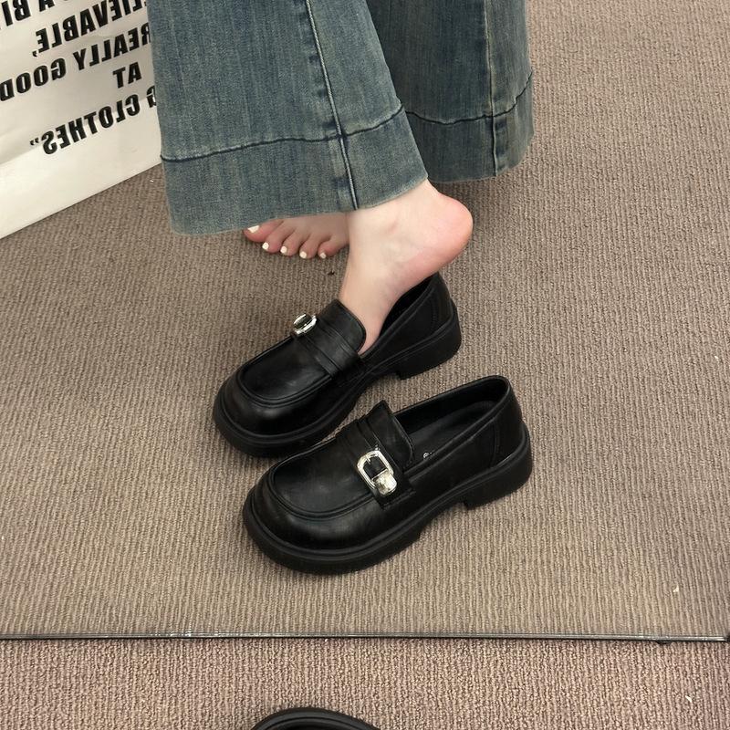 

French brown retro thick-heeled loafers women s autumn 2025 new round head platform Mary Jane small leather shoes 35 чёрный