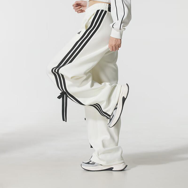 Adidas Loose Fit Lace-Up Striped Bow Wide Leg Casual Pants Women bottoms White KG3857