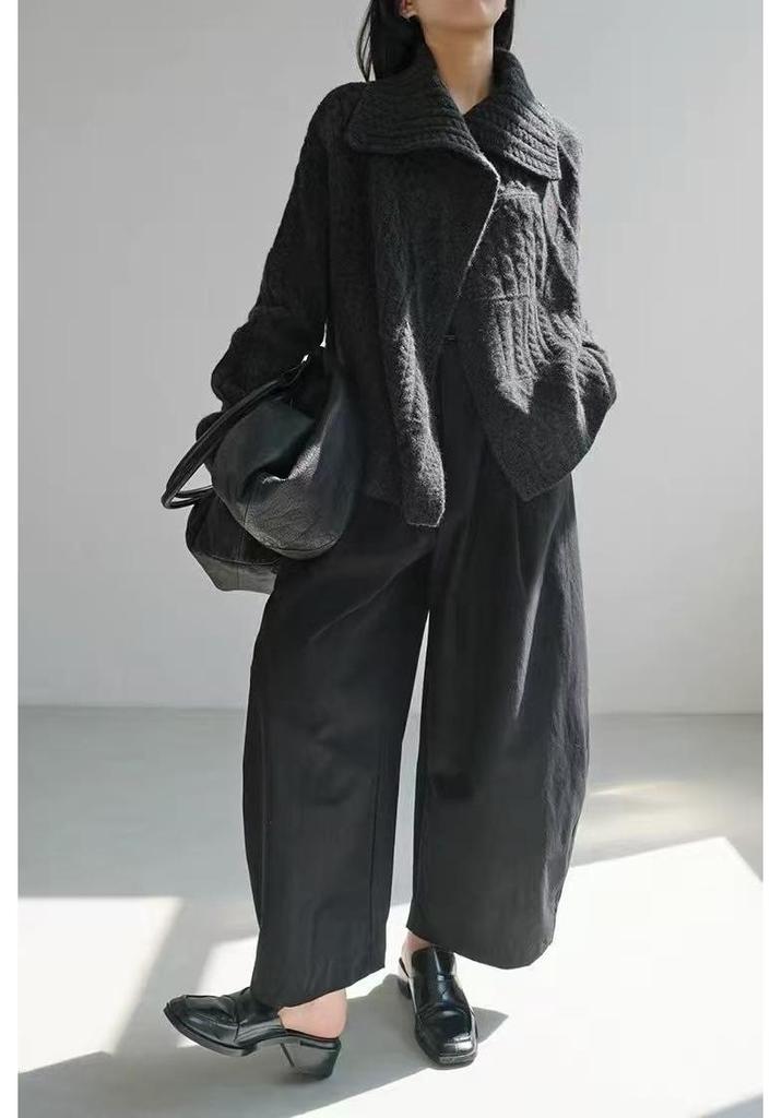Women's European Style Thick Wool Chunky Knit Cardigan with Big Lapel and High Neck Sweater.