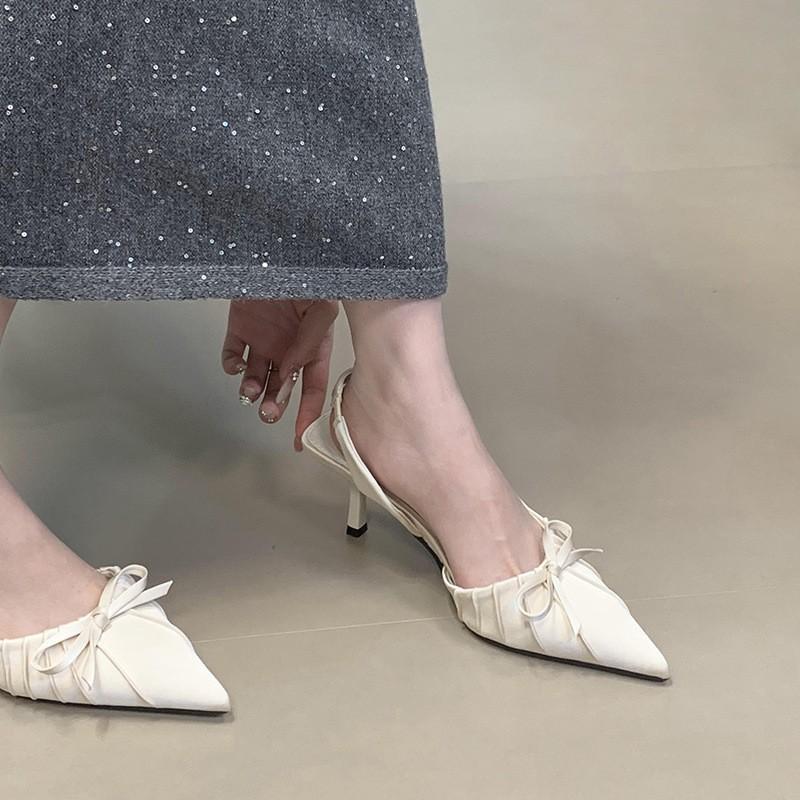 Niche High-heeled Bag Head Sandals Femininity Pointed Head Pleated Bow Single Shoes
