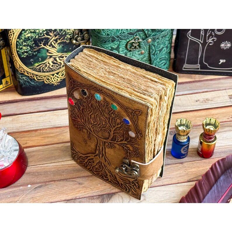 Leather Journal seven stone Tree Of Life Notebook blank sketchbook Traveling Notepad deckle edge pepar with 7 Stone For Men Women best gift
