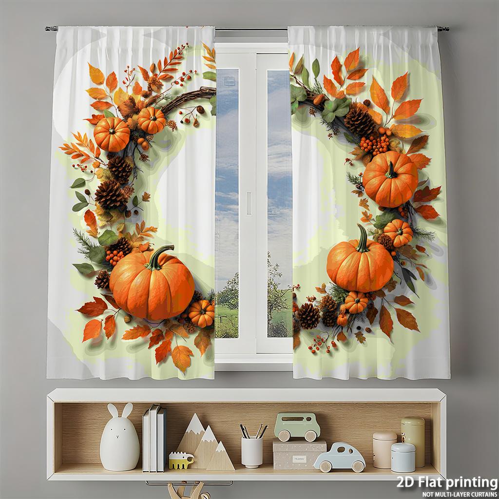 Piece Set High Definition Digital Printed Curtainsautumncolorfulleavespumpkinwreathfoliagepineconehome Decoration Style Curtain Polyester