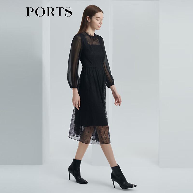 PORTS Women's Mesh Pleated Long Sleeve V-Neck Dress