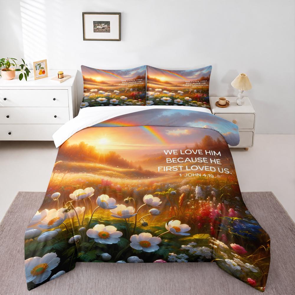 Sunset Flower Meadow Rainbow Bedding set (1 duvet cover, 2 pillowcases, duvet not included), 1 John 4:19 Bible Verse Art Print
