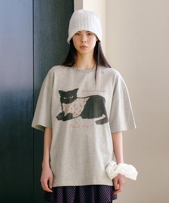 FUNFROMFUN Nero Cat Half Tee, Melange Gray