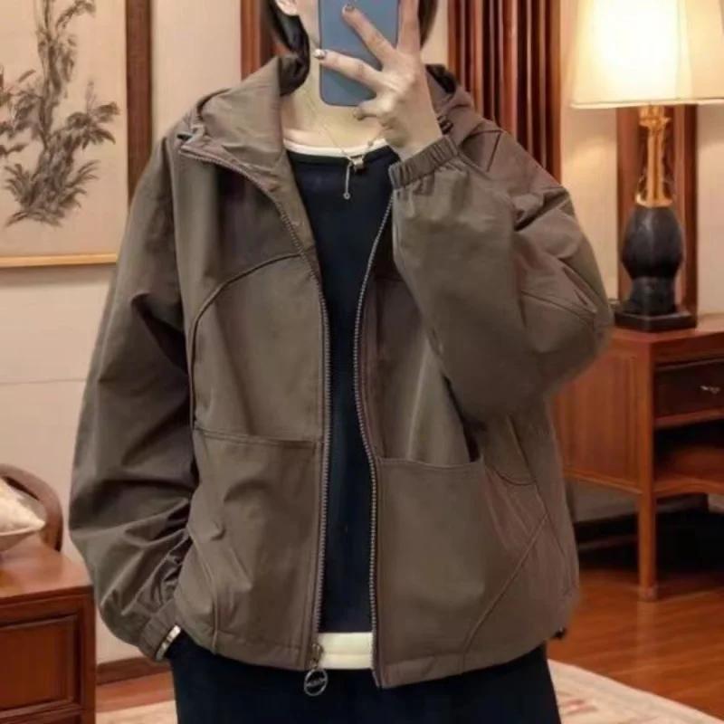 Large Pocket Temperament Top Double Coat Squirting Jacket New Spring Autumn New Fashionable Loose Hooded Short Versatile