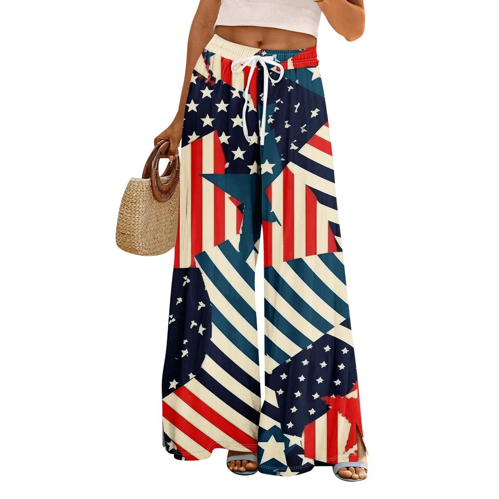 Damen Sommer Boho Palazzo Hose Hohe Taille Weites Bein Independence Printing Freizeithose mit Taschen