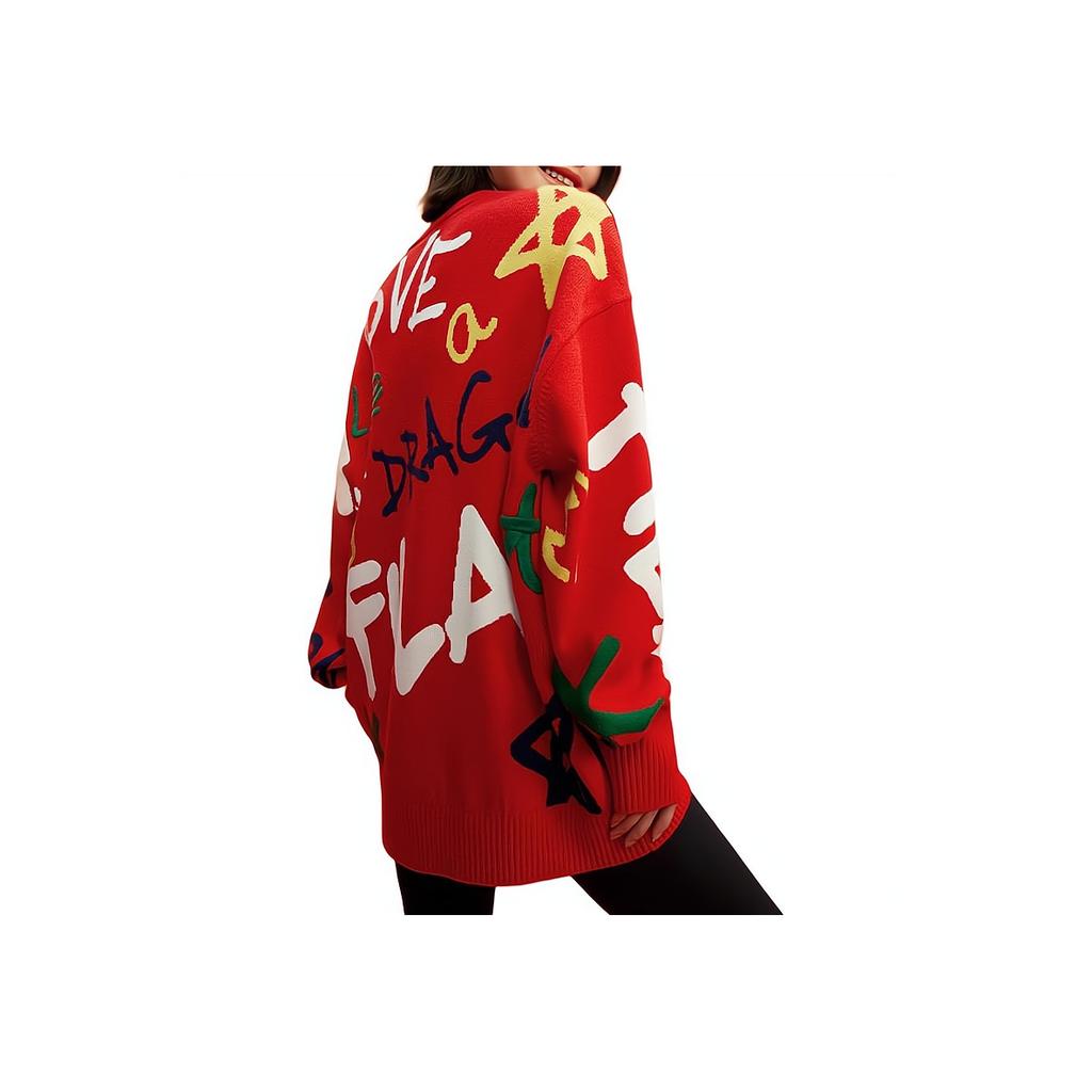 FILA Da Da Dragon Series New Year Couple Knitted Sweater With Color Block Fun Handwritten Pattern Unisex Sweater Legendary-Red F11U419402F-RD