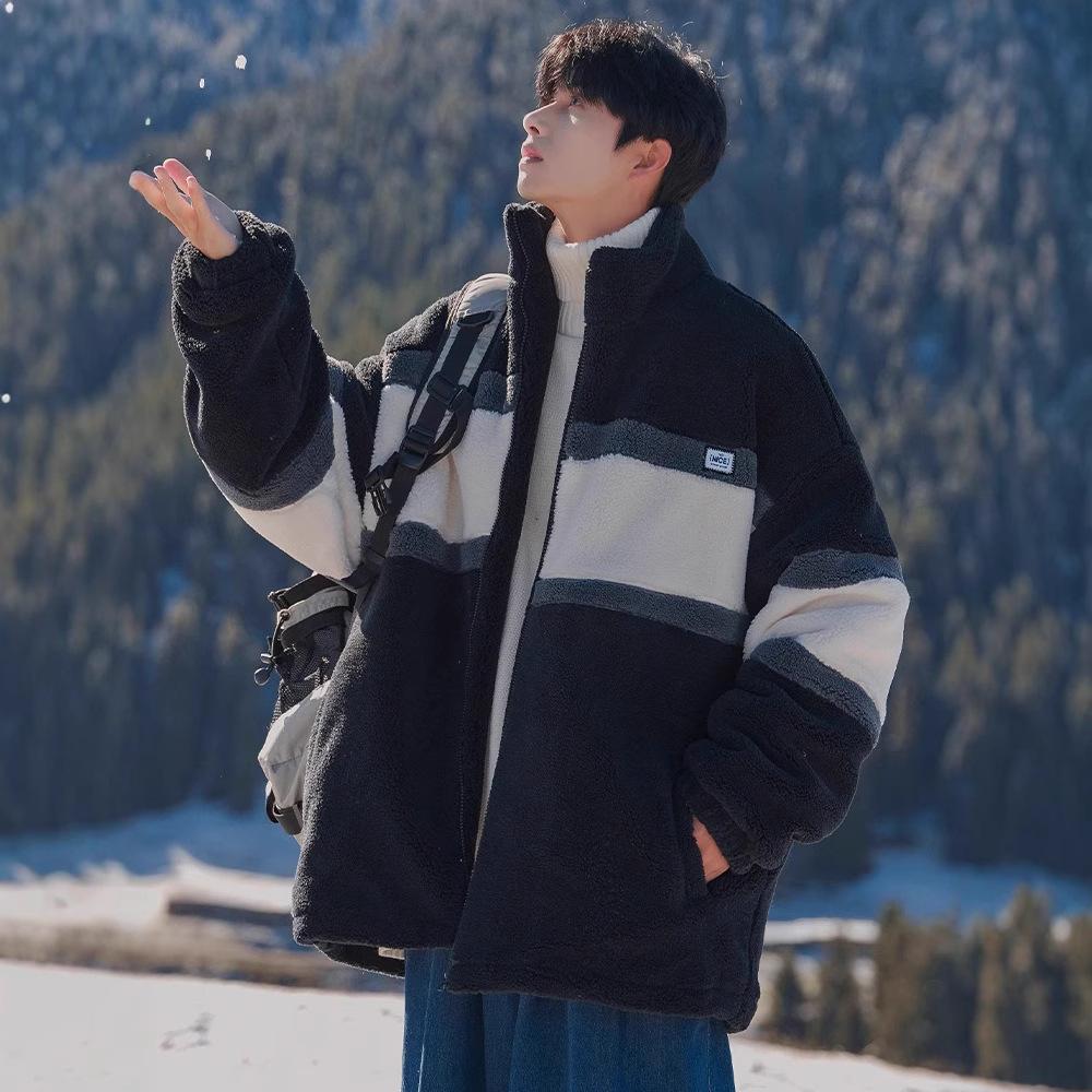 Veste deux pièces Homme Automne et Hiver Nouveau Style Peluche Peluche Épaissie Ample Uniforme de Baseball Vêtement de Travail