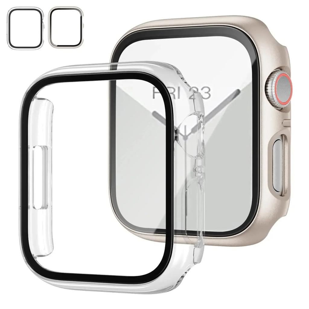 2PCS Tempered Glass+cover For Watch Case 44mm 40mm 42mm 41mm 45mm PC bumper Screen Protector iWatch series 9 8 7 6 5 3 se