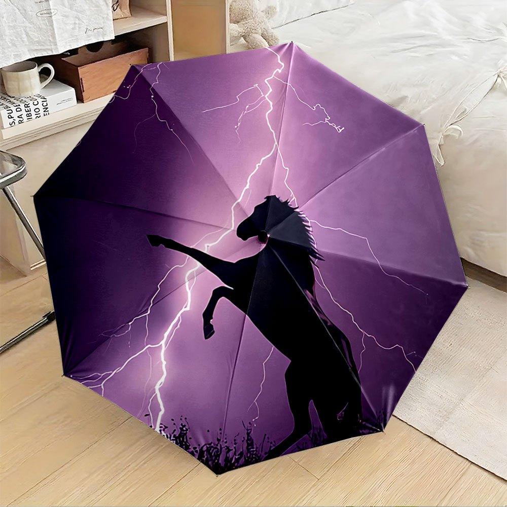 

Automatic Opening/Closing Umbrella with Lightning Horse Design - Purple Lightning & Gothic Black Windproof 8-Rib Sturdy Frame, Iron&8K