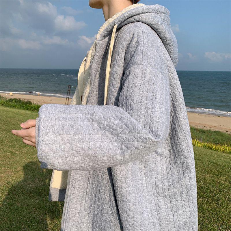Men's Trendy Lambswool Jacquard Winter Coat - Warm Hooded Plush Cotton Jacket for Teens