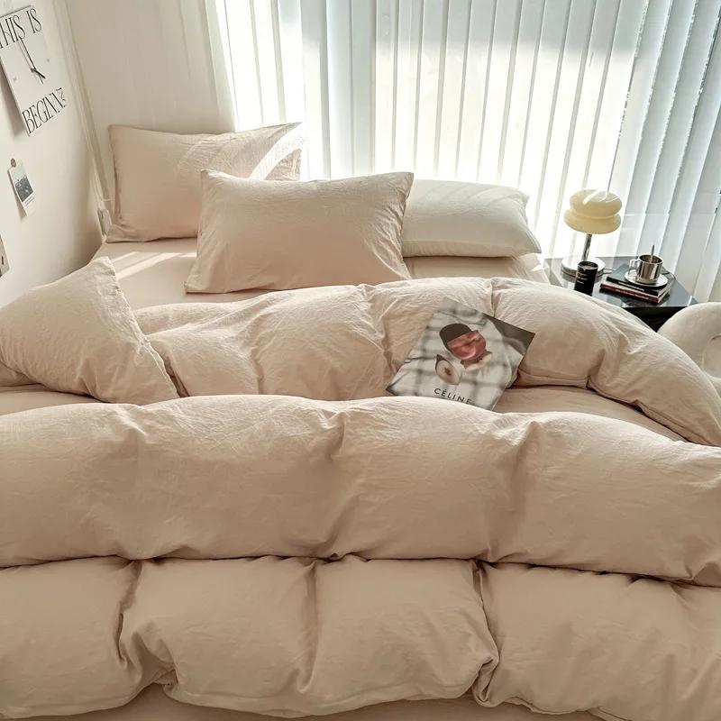 Washed Cotton Bed Linen Bedding Set 3/4 Pieces Bed Sheets Set Solid Color Comforter Cover Couple Queen King Size Bed Quilt Cover