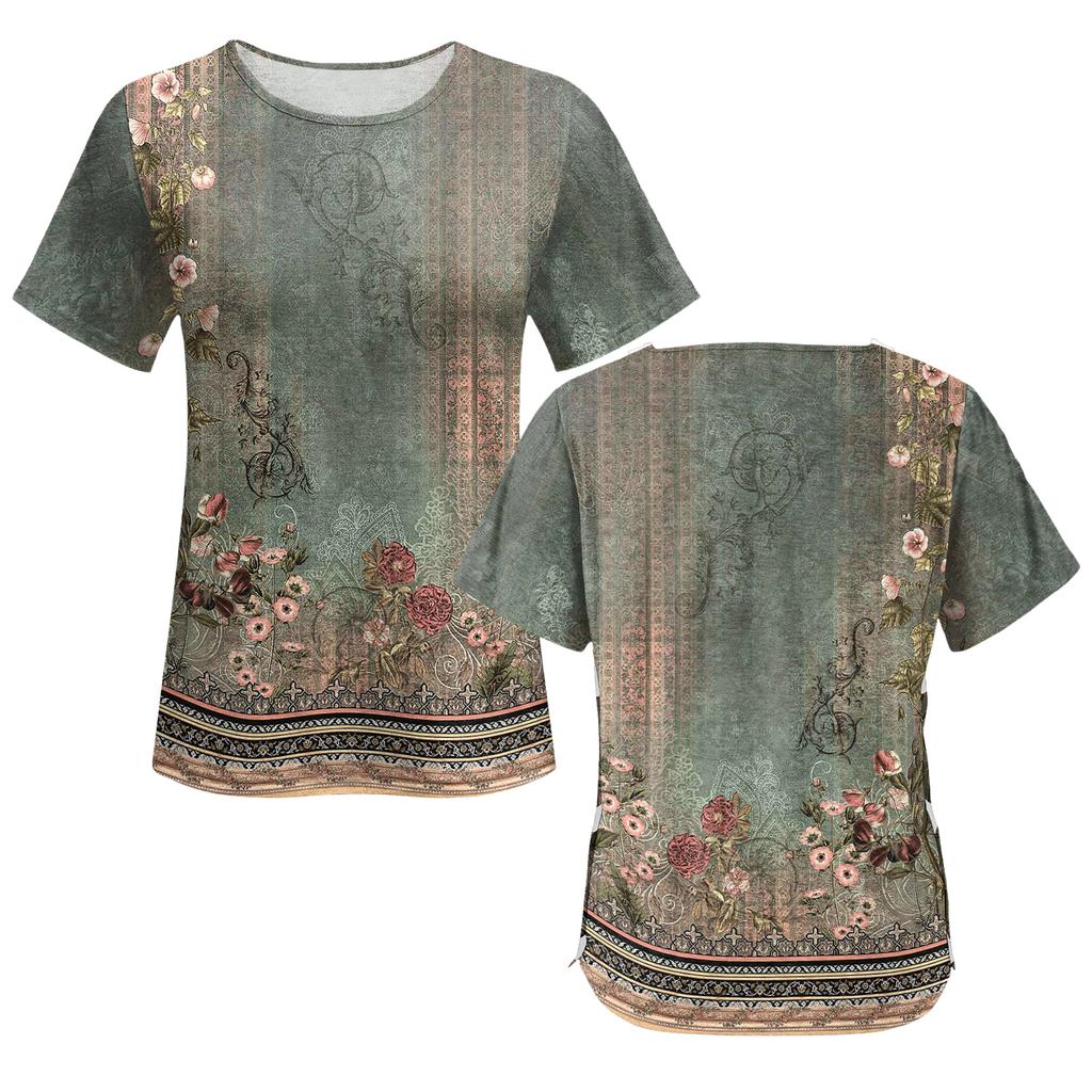 Post Surgery Women Short Sleeve Shirt Floral Print Zipper Shoulder Side Velcro Closure Comfortable Recovery Top for Medical Use