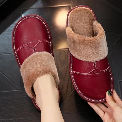 Zapatillas de algodón impermeables de cuero para hombre y mujer, para otoño e invierno, para parejas, para interiores, cálidas, antideslizantes, con suela gruesa y felpa