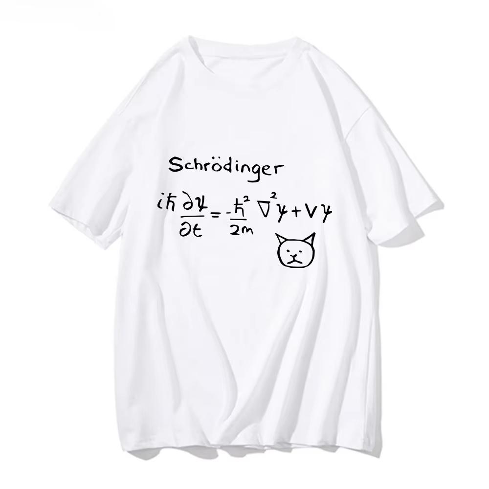 2026 Summer Unisexs Funny Schr Dinger Cat Quantum Mechanics Letter Printed Round Neck Tshirt Neutral 100 Cotton Short Sleeve