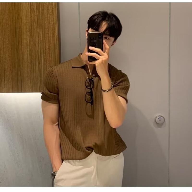 Summer Vintage Polo-neck Knitting Pullover Top Male Short Sleeve Solid Color Tee Men Casual Fashion T-shirt