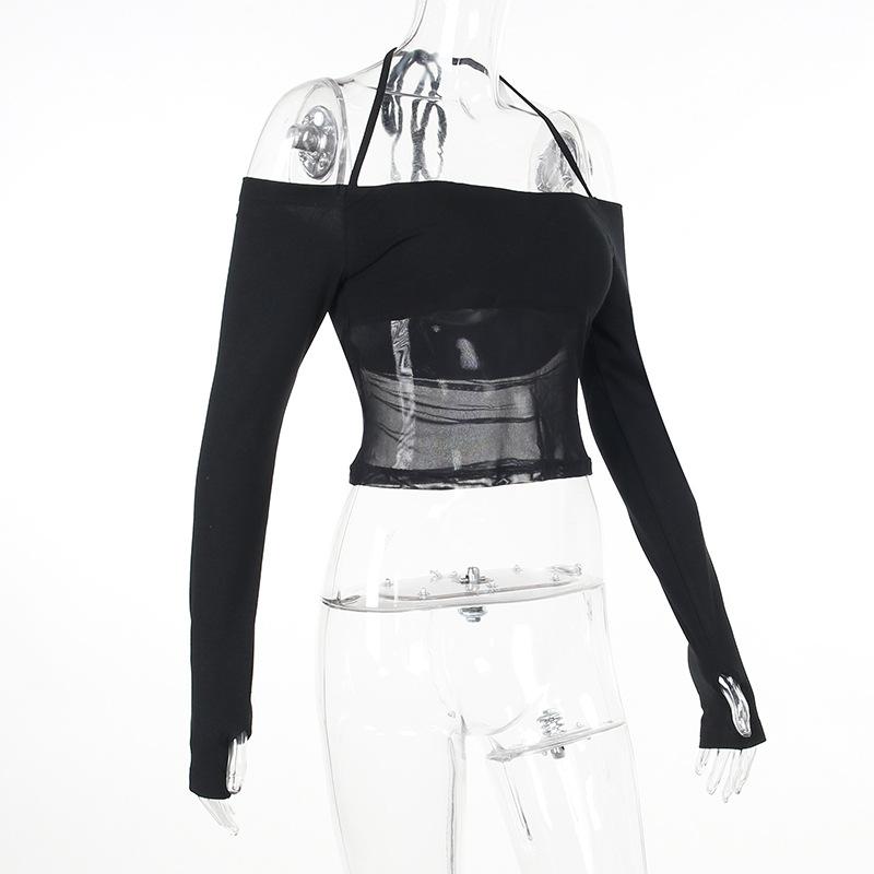 Pure Desire Off Shoulder Elegant Spice Girl Tops Ins Autumn New Sexy Slim Mesh T-shirt Women Fashion Solid Long Sleeved Casual Clothing