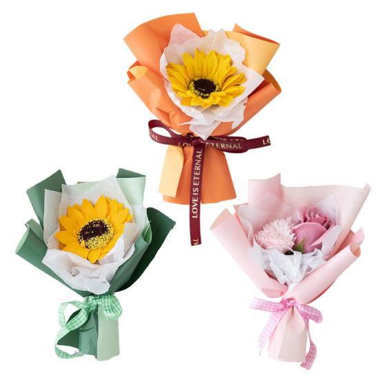 Mini Fake Sunflower Bouquet Handcrafted Artificial Soap Carnation Rose Floral Decoration Valentine's Day Anniversary Birthday Gift for Women Wife
