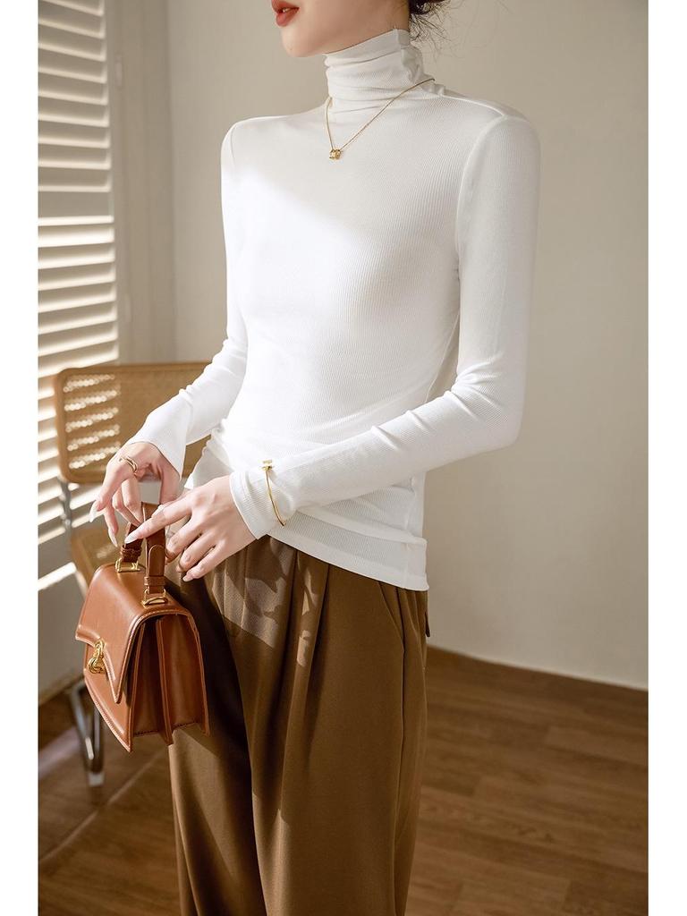 Top Feminino Slimming Elástico de Algodão Canelado Gola Alta Manga Longa - Outono/Inverno 2025