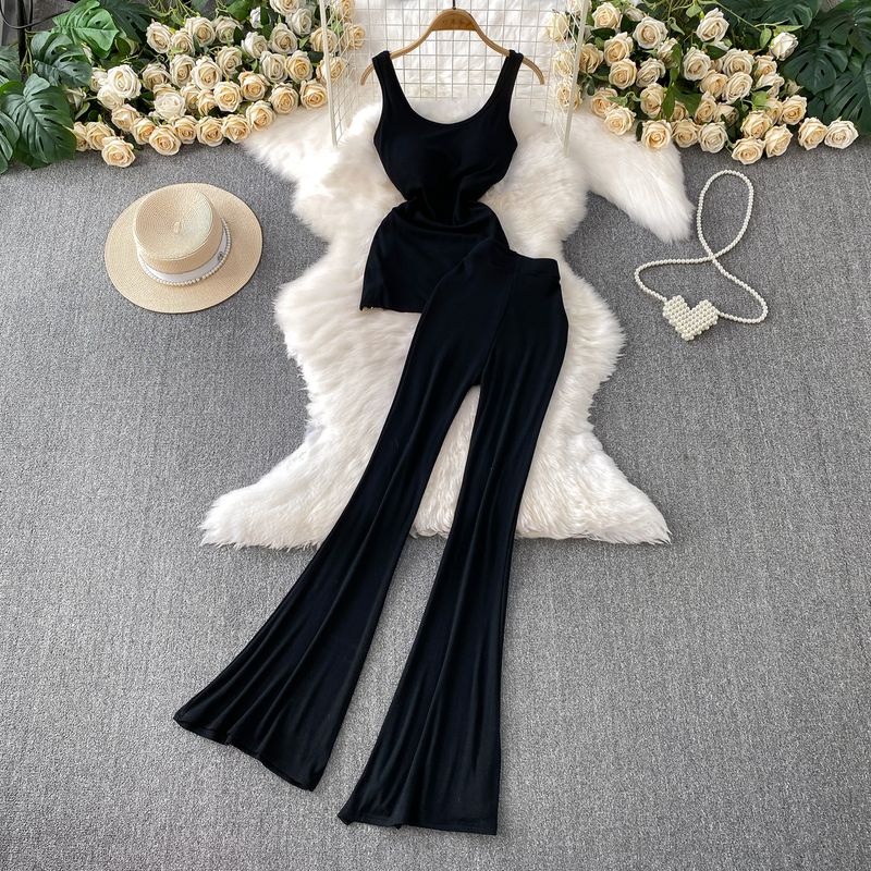 

Gyaru Style Sleeveless Cami with Chest Padding Design Sense Pleat Waist Hugging Top + High Waist Slimming Trumpet pants Two-piece Set Black One size