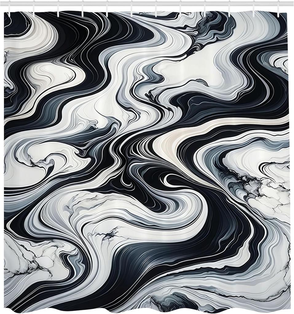 Black And White Shower Curtain, Abstract Waves Of Marble Print Blending Look Stone Details, Cloth Fabric Bathroom Deco