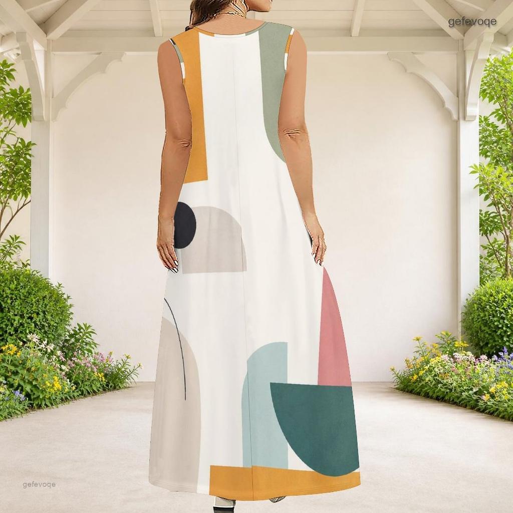 Women Plus Size Grey Black White Printed Scoop Neck Sleeveless A Line Maxi Dress
