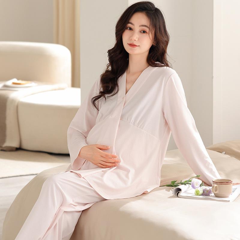 Cotton Long Sleeve Maternity Pajamas Dressing Gown Solid Color Nightgown Bra Breastfeeding Maternity Nightwear Nursing Clothes