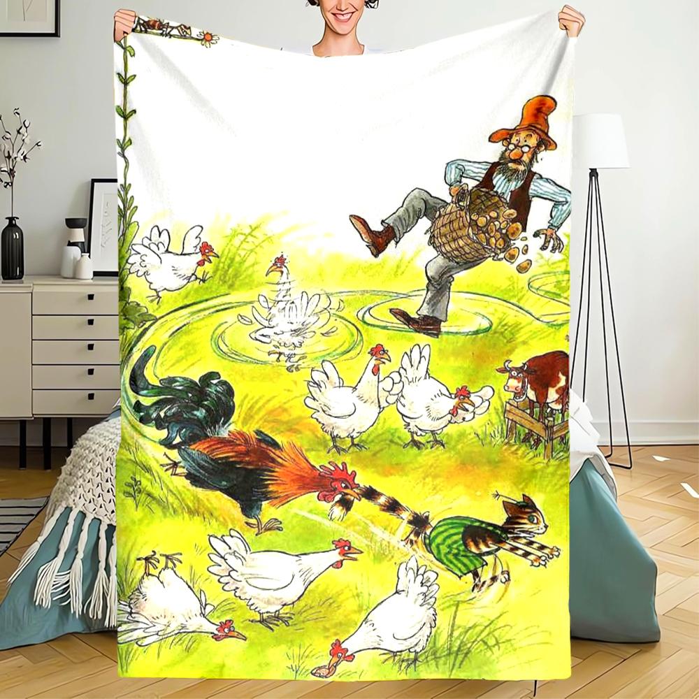 Pettson and Findus Theme Printed Blanket - Perfect for Couch, Bed, Travel & Outdoor Use | Machine Washable, Cozy & Durable.