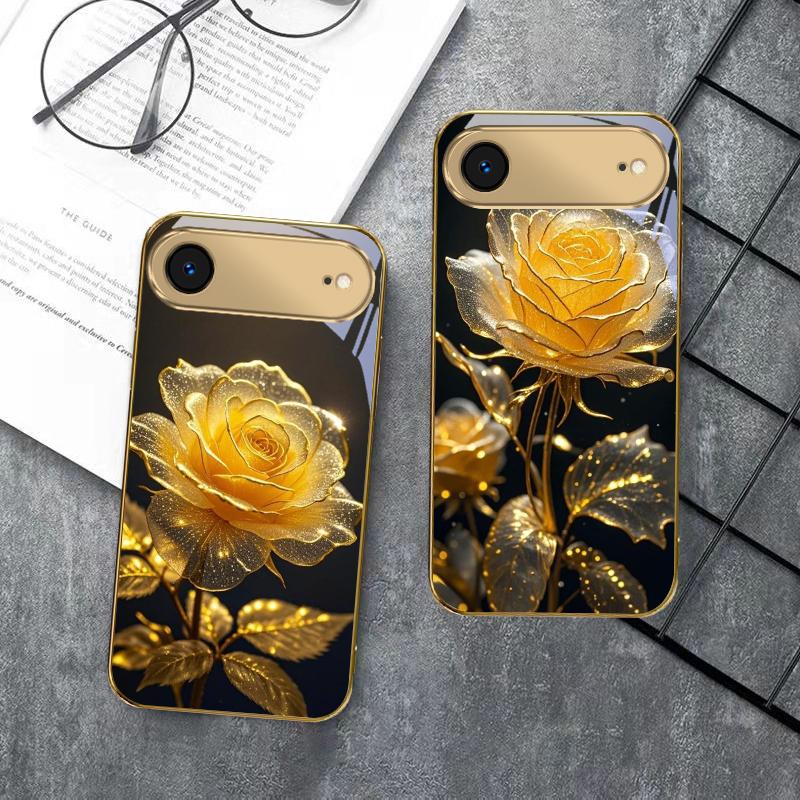 Elegant golden rose For IPhone 17Pro Max 16 17 Pro 15 Pro 14 13 Plus 12 Mini 11Pro Max XR 16E 17 Air Golden glass phone case