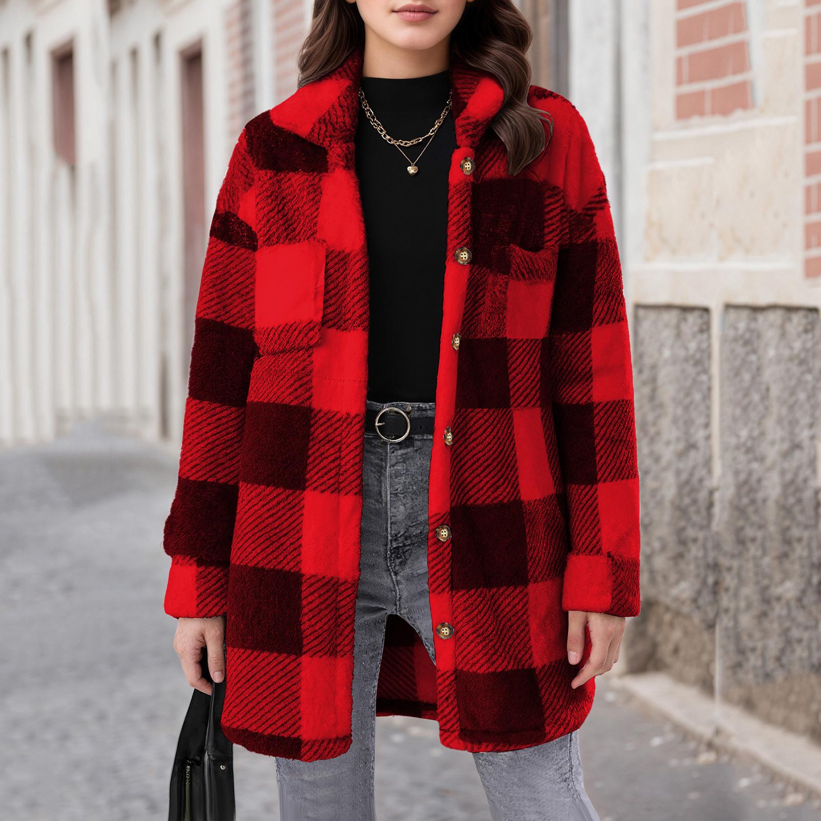 

Женское зимнее теплое однобортное плюшевое пальто средней длины в клетку XL красный