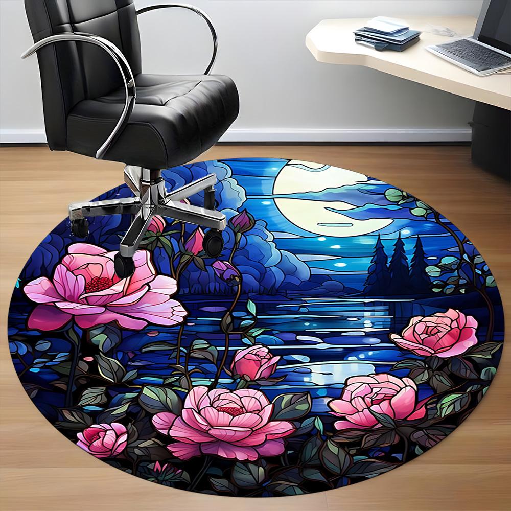 1pc Stained Glass Roses Chair Carpet for Office Non-Slip, Machine Washable Rug for Office, Room - Polyester, Machine Made yy251029172