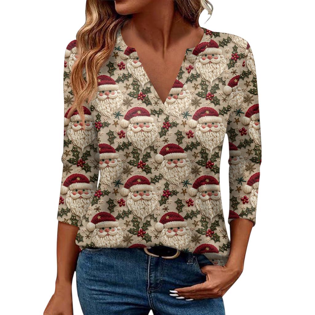 Women's Casual Fashionable Sexy Comfortable V-Neck Christmas Three-Quarter Sleeve Top