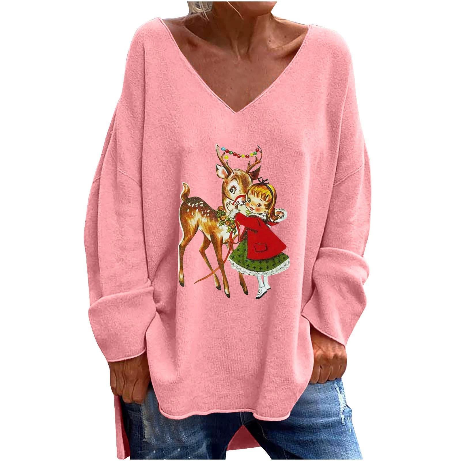 

HNXC Осень-зима женская однотонная свободная повседневная удобная футболка с v-образным вырезом и длинным рукавом XXL розовый