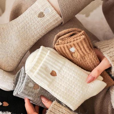 Women's Terry Mid-Calf Socks: Velvet-Lined, Thick, Warm, Postpartum, Embroidered Heart, for Autumn and Winter