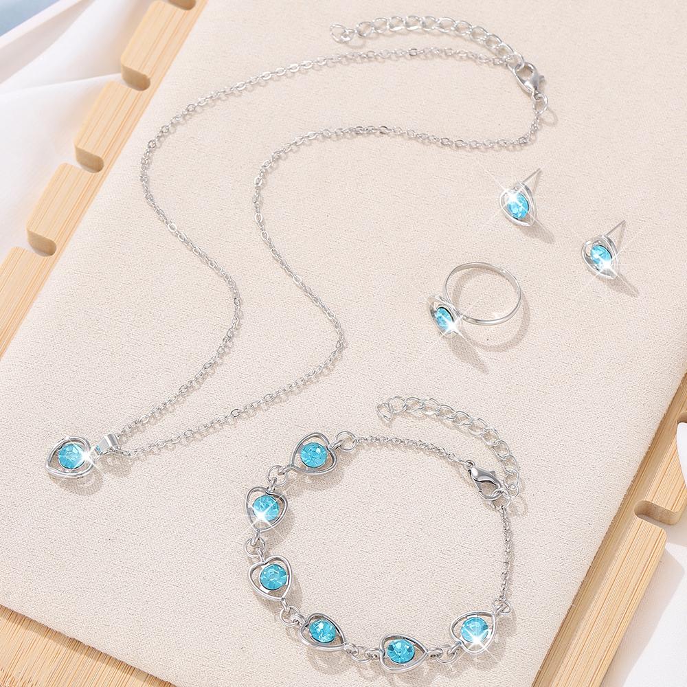 5 Piece Set Women Crystal Love Zircon Fashionable Elegant High End Peach Heart Necklace Earrings Rings Bracelets Necklace Set