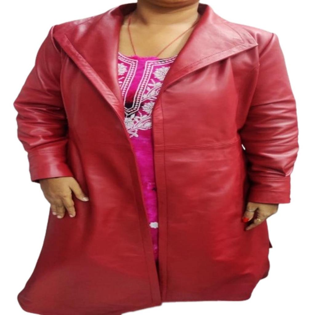 Noora Leather Red Trench coat women , Motar Biker Leather long coat ,  Lamb Leather Jacket, Handmade Jacket , Vintage Lambskin Leather Coat