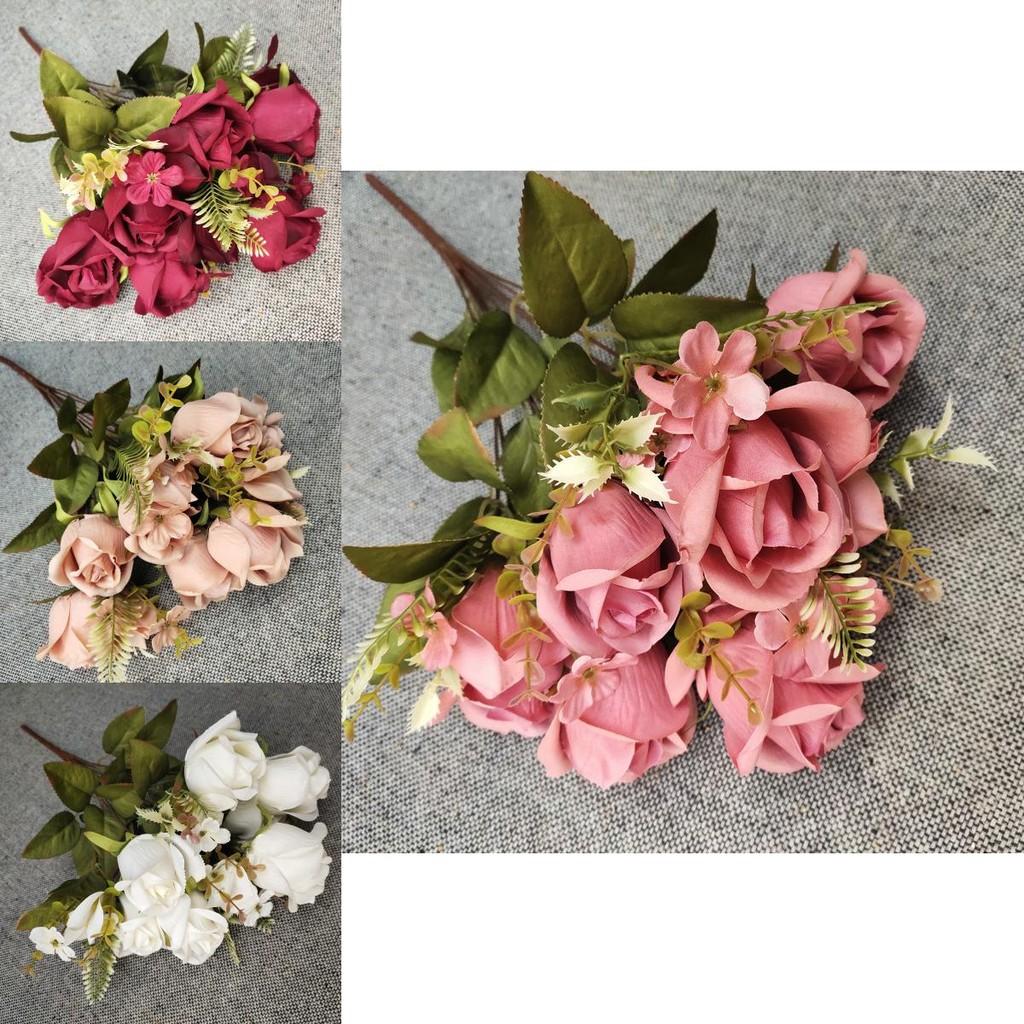 11 Head Polish Rose Buds Silk Bouquet For Wedding Photography Home Decor
