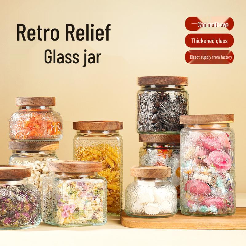 Retro geprägtes Glas Vorratsglas für Getreide, Lebensmittel und Tee - Versiegelter Küchenbehälter