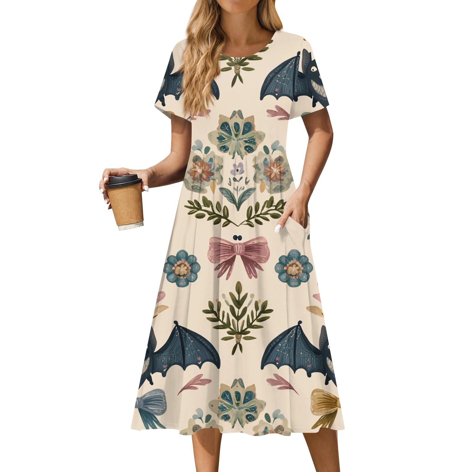 

Women s Casual Fashion Halloween Printed Short Sleeve Round Neck Dress M бежевый
