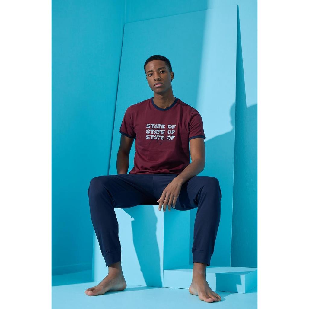 Khaki State bedrucktes, kurzärmliges Herren-Pyjama-Set mit Bündchen